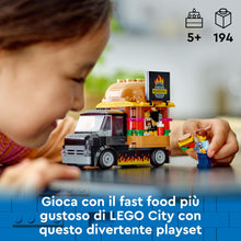 Carica l&#39;immagine nel visualizzatore di Gallery, LEGO City Furgone degli Hamburger Giocattolo, Veicolo da Costruire per Bambini e Bambine da 5 Anni in su, Camion Food Truck con Accessori per Cucinare e 2 Minifigure, Regalo Divertente 60404