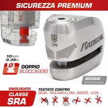 Carica l'immagine nel visualizzatore di Gallery, RADIKAL RK910S Antifurto Moto Blocca Disco Allarme 120 Db Ø10 Doppia Chiusura Omologata Sra, Acciaio Inossidabile