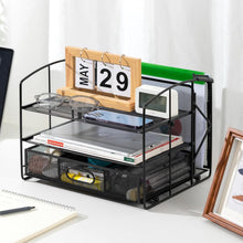 Carica l'immagine nel visualizzatore di Gallery, Amazon Basics Rettangolare Organizer da scrivania con 3 ripiani, cassetto a scorrimento e scomparto per appendere i documenti, Nero