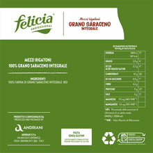Carica l&#39;immagine nel visualizzatore di Gallery, Felicia, Mezzi Rigatoni di Grano Saraceno Integrale, Ricca di Magnesio, Ricca di Manganese, Fornte di Fibre, Senza Glutine, Bio, Vegan, Gusto Deciso, Confezione da 340 g