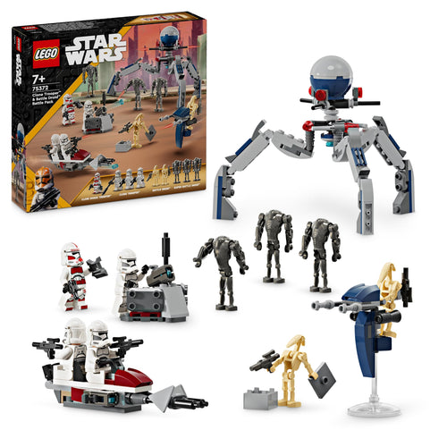 LEGO Star Wars Battle Pack Clone Trooper e Battle Droid Set da Battaglia con Veicolo Giocattolo Speeder Bike, Tri-Droide e Postazione Difensiva, Regalo per Bambini e Bambine da 7 Anni in su 75372