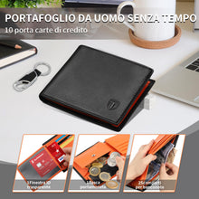 Carica l'immagine nel visualizzatore di Gallery, TEEHON® Portafoglio Uomo Slim Vera Pelle Blocco RFID, con Tasca Portamonete,2 Scomparti Banconote,10 Porta Carte di Credito, Portachiavi. Portafogli Piccolo Sottile-nero e arancione
