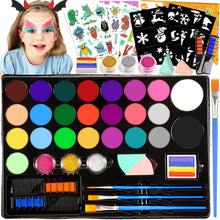 Carica l'immagine nel visualizzatore di Gallery, Truccabimbi Kit - 28 Colori Truccabimbi Kit Anallergici Atossici Professionali con 3 Pennelli 30 Stencil Regalo Bambina 3 4 5 6 7 8 9 Anni- Trucca Bimbi Viso Bambini per Halloween, Carnevale, Pasquale