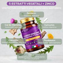 Carica l'immagine nel visualizzatore di Gallery, Cardo mariano tarassaco e carciofo (Dente di Leone), 180 CAPSULE, VEGANO, Integratore con 80% Silimarina, Curcuma, Zenze