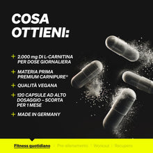 Carica l'immagine nel visualizzatore di Gallery, L-Carnitina 2000 con Carnipure, 2000 mg di L-carnitina per Dose Giornaliera, 120 Capsule Vegan, ad Alto Dosaggio e Senza