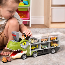 Carica l'immagine nel visualizzatore di Gallery, JOYIN 13 Pcs Dinosaur Toy Car Transporter for Kids, con 12 veicoli dinosauro retrattili, 1 camion trasporto dinosauri giocattolo con musica, suoni, luci, 1 elicottero