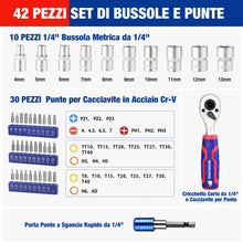 Carica l'immagine nel visualizzatore di Gallery, WORKPRO Set di Punte e Bussole da 42 Pezzi, Chiave a Cricchetto Compatta da 1/4" con Portapunte Magnetico a Cambio Rapid