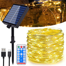Carica l'immagine nel visualizzatore di Gallery, Catena di luci solari per esterni, 20 m, 200 LED, per esterni, filo di rame, IP65, impermeabile, con telecomando, 8 moda