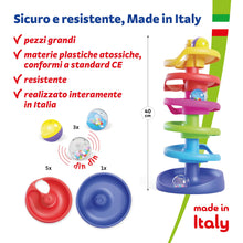 Carica l'immagine nel visualizzatore di Gallery, Quercetti Spiral Tower Pista Biglie per Bambini, Giochi Bambini 1 Anno 100% Made in Italy, Gioco Educativo con 5 Spirali, 3 Biglie Grandi con Sonagli, Regalo Bimbo 1 Anno Sicuro e Divertente