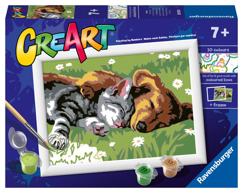 Ravensburger - CreArt Serie E, Cane e Gatto Dolce Sonno, Dipingere con i Numeri, Kit Pittura Bambini, Tema Animali, Cornice Inclusa, Gioco Educativo, Idea Regalo Bambini 7+ Anni, 22x16cm