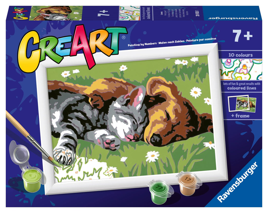 Ravensburger - CreArt Serie E, Cane e Gatto Dolce Sonno, Dipingere con i Numeri, Kit Pittura Bambini, Tema Animali, Cornice Inclusa, Gioco Educativo, Idea Regalo Bambini 7+ Anni, 22x16cm