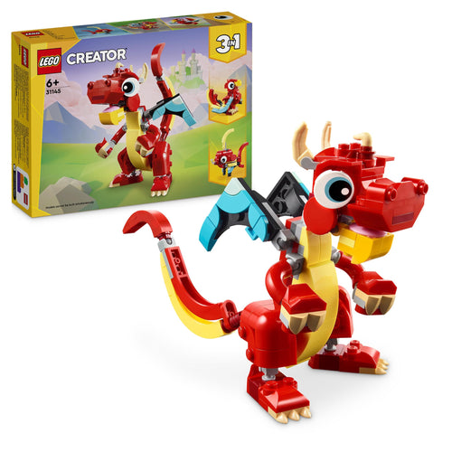 LEGO Creator 3 in 1 Drago Rosso, Giochi per Bambini e Bambine da 6 Anni Fan degli Animali, Action Figure Ricostruibile in Pesce con Pinne Mobili e Fenice Giocattolo, Idea Regalo di Compleanno 31145