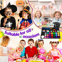 Carica l'immagine nel visualizzatore di Gallery, Truccabimbi Kit - 28 Colori Truccabimbi Kit Anallergici Atossici Professionali con 3 Pennelli 30 Stencil Regalo Bambina 3 4 5 6 7 8 9 Anni- Trucca Bimbi Viso Bambini per Halloween, Carnevale, Pasquale