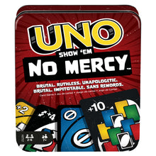 Carica l'immagine nel visualizzatore di Gallery, Mattel Games - UNO No Mercy, la versione di UNO più brutale di sempre in confezione in metallo, con 56 nuove carte, regole speciali come Pesca 6 e Pesca 10, giocattolo per bambini, 7+ anni, HXT57