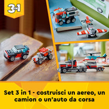 Carica l&#39;immagine nel visualizzatore di Gallery, LEGO Creator 3 in 1 Autocarro con Elicottero, Giochi per Bambini e Bambine da 7 Anni, Camion Giocattolo Ricostruibile in Aereo e Cisterna o in Auto da Corsa e SUV, Idea Regalo di Compleanno 31146