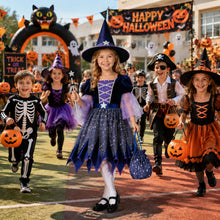 Carica l'immagine nel visualizzatore di Gallery, Costume da Strega Stelle Blu, Vestito Strega Halloween Completo con Cappello, Bacchetta Magica e Borsa, Costume Cosplay 