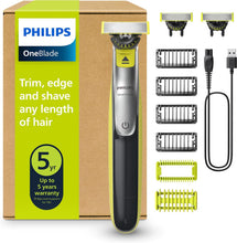 Carica l'immagine nel visualizzatore di Gallery, Philips OneBlade QP2834/31 - Regolabarba elettrico 360 autentico, per viso e corpo, 3 lame da 360, 4 pettini per barba (1, 2, 3, 5 mm), 1 kit per il corpo