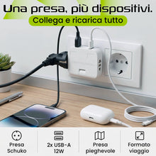 Carica l'immagine nel visualizzatore di Gallery, Multipresa USB Compatta con Spina Pieghevole – Presa Schuko + 2 Porte USB-A 12W – Adattatore Universale da Viaggio Salva