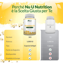 Carica l'immagine nel visualizzatore di Gallery, Vitamina D3 1000UI - 365 Capsule Softgel - 1 Anno di Scorta - Integratore di Vitamina D - Colecalciferolo ad Alta Biodisponibilità - Facili da Deglutire - Nu U Nutrition