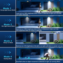 Carica l'immagine nel visualizzatore di Gallery, Lampada Solare da Esterno - 200LED Luce Solare LED Esterno con Sensore di Movimento 2200mAh 4 Modes Telecomando Faretto LED da Esterno Solare con Pannello, Luci da Esterno Giardino Solari con 5M Cavo