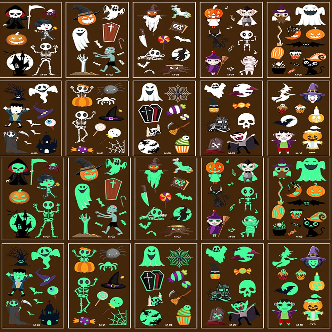 Tatuaggi Temporanei di Halloween per Bambini, 10 Fogli, Adesivo Luminoso, Decorazione Impermeabile