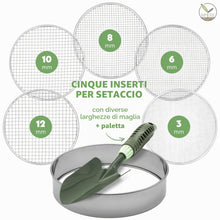 Carica l'immagine nel visualizzatore di Gallery, Setaccio da giardino rotondo da 30 cm con 5 inserti intercambiabili - setaccio in acciaio inox per terriccio, compost, s