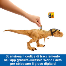 Carica l'immagine nel visualizzatore di Gallery, Mattel Jurassic World - T-Rex Caccia e Divora, dinosauro action figure con azione d'attacco doppio morso, suoni e attrezzatura di tracciamento, giocattolo per bambini, 4+ anni, HNT62
