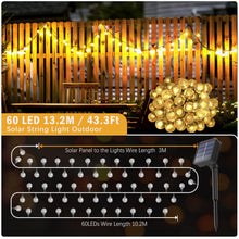 Carica l'immagine nel visualizzatore di Gallery, Luci Solari Esterno, 60LED/13.2M/8 Modalità Catena Luminosa Esterno, IP65 Impermeabile Lampade Solari da Giardino per Festa, Campeggio, Balcone, Matrimonio, Gazebo(Bianco Caldo+ Funzione di Memoria)