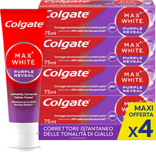 Carica l'immagine nel visualizzatore di Gallery, Colgate Dentifricio Sbiancante Max White Purple Reveal 4 Confezioni da 75 ml I Per Denti Bianchi I Sicuro Per Lo Smalto I Contiene Fluoro I Sbiancamento denti I Bianco naturale