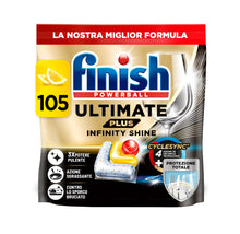 Carica l'immagine nel visualizzatore di Gallery, Finish Ultimate PLUS Infinity Shine Pastiglie Lavastoviglie al Limone, 105 Capsule con Scudo Protettivo contro lo Sporco e i Residui Incrostati