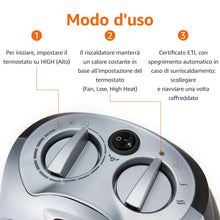 Carica l'immagine nel visualizzatore di Gallery, Amazon Basics Termoventilatore oscillante in ceramica da 1800 Watt con termostato regolabile - Argento