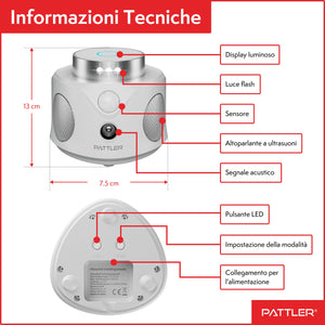PATTLER Dissuasore per Topi ad Ultrasuoni, Repellente Ultrasuoni Topi, Ultrasuoni per Topi a 360°, Ultrasuoni per Topi da Esterno e da Interno, Scaccia Topi, Pest Reject, Dissuasori per Topi