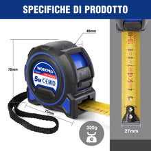 Carica l'immagine nel visualizzatore di Gallery, WORKPRO Nastro Metrico da 5m, Metro a Nastro Retrattile professionale ad alta precisione con gancio magnetico e nastro l