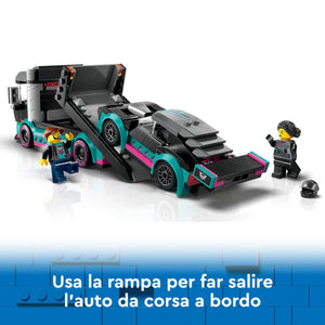 LEGO City Auto da Corsa e Trasportatore, Macchina e Camion Giocattolo per Bambini e Bambine da 6 Anni, Veicolo da Costruire con Rampa Funzionante, Minifigure del Pilota e del Camionista 60406