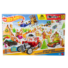 Carica l'immagine nel visualizzatore di Gallery, Hot Wheels - Calendario dell'Avvento 2025, 24 finestrelle numerate con sorprese a tema Natale, 10 macchinine, 10 clip e 14 accessori inclusi, giocattolo per bambini, 3+ anni, JCB47