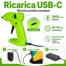 Carica l'immagine nel visualizzatore di Gallery, Pistola Colla a Caldo Senza Fili, Batteria Ricaricabile 2600mAh, Include 40 Stick di Colla 7mm, 6 Protezioni in Silicone