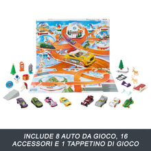 Carica l'immagine nel visualizzatore di Gallery, Hot Wheels - Calendario dell'Avvento 2024, 24 finestrelle numerate con sorprese e Tappetino di Gioco, 8 macchinine e 16 Accessori a Tema Invernale, Giocattolo per Bambini, 3+ Anni, HTG00