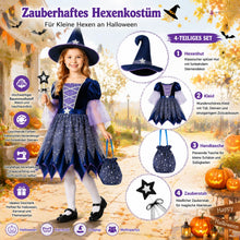 Carica l'immagine nel visualizzatore di Gallery, Costume da Strega Stelle Blu, Vestito Strega Halloween Completo con Cappello, Bacchetta Magica e Borsa, Costume Cosplay 