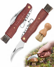 Carica l'immagine nel visualizzatore di Gallery, Coltello per Funghi con Spazzola, Kit 2 Pezzi in Legno di Pero e Zucca Naturale, Lama Curva Affilata per Raccolta Sosten