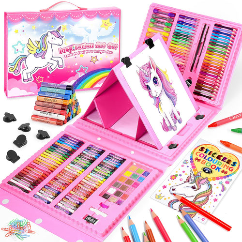 HappyGoLucky Regalo Bambina 3 - 12 Anni, Valigetta Colori Unicorno Matite Colorate Pastelli a Cera Acquerelli Giochi, Femmina Kit Disegno
