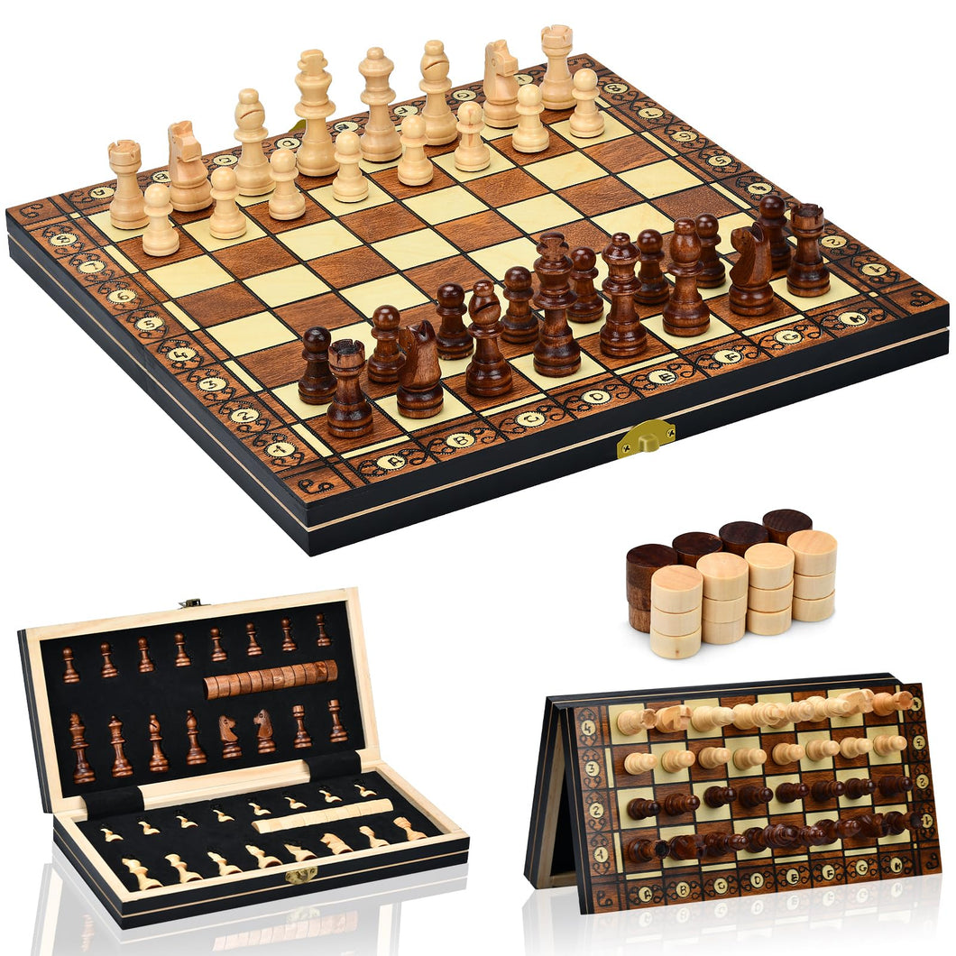 Aissom Scacchiera in Legno,2 in 1 Scacchiera Pieghevole,Magnetici Scacchi, Backgammon con slot di archiviazione, Dama per Bambini e Adulti Feste (29 * 29cm)