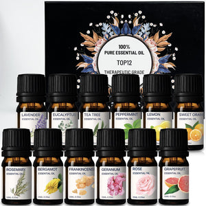 Oli Essenziali - Kit di Oli 100% Puri - Top 12 Set Regalo di Oli Aromaterapici - Confezione da 12, 10 ml (Eucalipto, Lavanda, Erba Limone, Arancio, Menta Piperita, Albero del Tè)