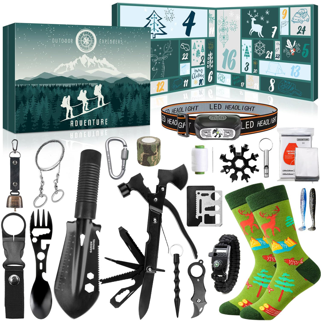 iZoeL Calendario Avvento Uomo Calendario Avvento Adulti Idee Regalo Natale 2025 - Accessori Campeggio/Sopravvivenza/Caccia/Viaggi/Avventura, Regali Natale per Padre Fratello Nonno Zio Fidanzato