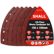 Carica l'immagine nel visualizzatore di Gallery, SHALL Set da 120 fogli abrasivi triangolari, cuscinetti per levigatrice per mouse, 105 x 152 mm, per levigatrici multifu