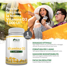 Carica l'immagine nel visualizzatore di Gallery, Vitamina D3 1000UI - 365 Capsule Softgel - 1 Anno di Scorta - Integratore di Vitamina D - Colecalciferolo ad Alta Biodisponibilità - Facili da Deglutire - Nu U Nutrition