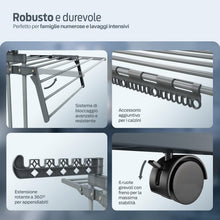 Carica l'immagine nel visualizzatore di Gallery, PORTENTUM Stendino verticale salvaspazio pieghevole con 4 livelli e 24 barre di stenditura – Fino a 40 kg – Stendibiancheria con 2 accessori per calzini e 2 ali laterali – Ruote girevoli con freno
