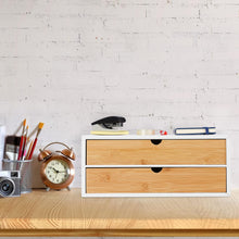 Carica l'immagine nel visualizzatore di Gallery, Relaxdays Organizer da Scrivania, bambù e MDF, Portaoggetti Salvaspazio con 2 Cassetti, HLP 14x33x21 cm, Bianco/Naturale