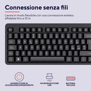Trust Ody II Tastiera Wireless Silenziosa Layout Italiano QWERTY, Tasti a Profilo Ribassato, Resistente agli Schizzi, Ricevitore USB 2.4GHz, Tastiera PC Senza Fili, Keyboard per Laptop, Mac - Nero