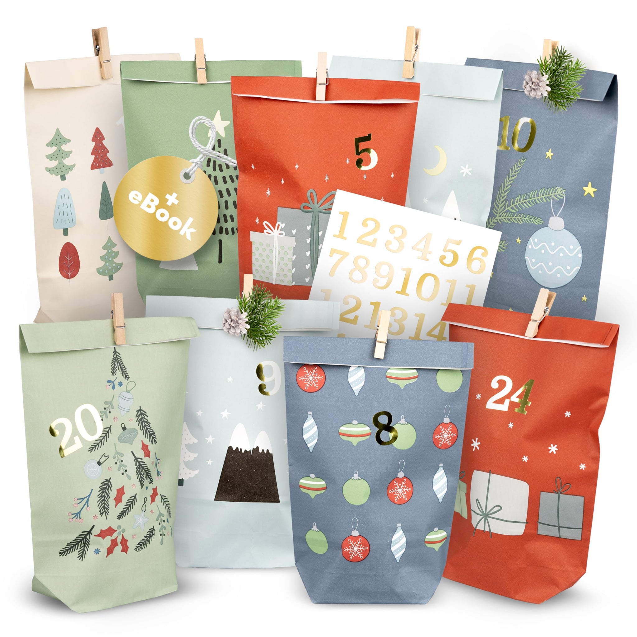 Set Calendario Dell'Avvento Fai Da Te Con 24 Sacchetti Di Carta, Mollette In Legno E Adesivi Numerati
