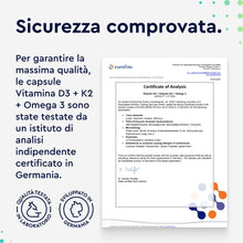 Carica l'immagine nel visualizzatore di Gallery, Vitamina D3 + K2 + Omega 3, 90 Capsule Softgel, Eletto PRODOTTO DELL'ANNO 2025, 2000UI Vitamin D, 100 µg Vitamina K (K2V